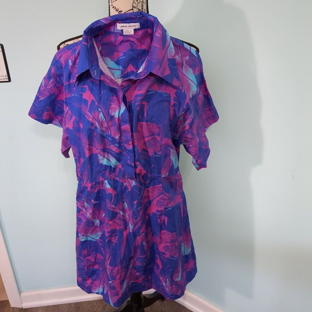 Urban Revivo Purple Palm Print Collared Short Sleeve Shirt Mini Dress Si…